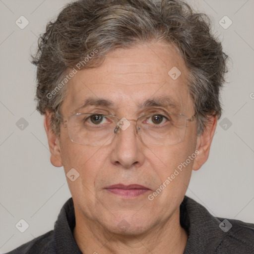 Joyful white middle-aged male with short  brown hair and brown eyes