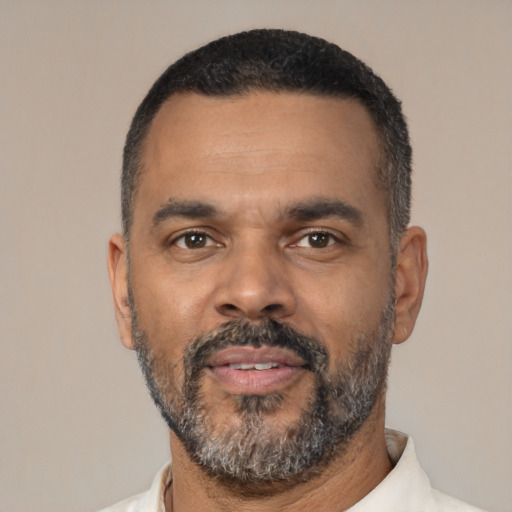 Neutral black adult male with short  black hair and brown eyes
