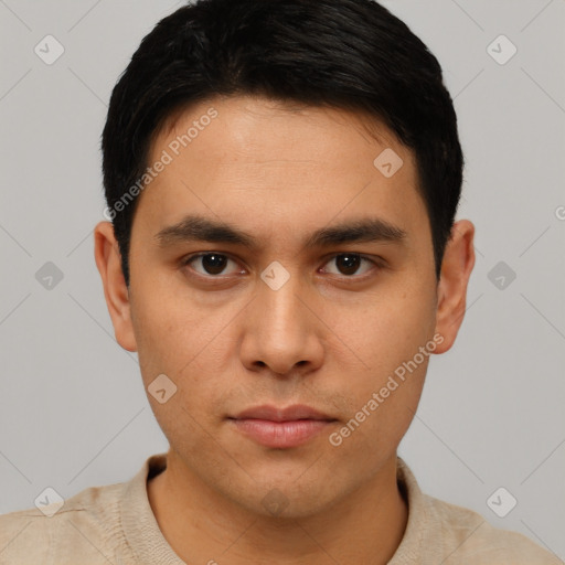 Neutral asian young-adult male with short  black hair and brown eyes