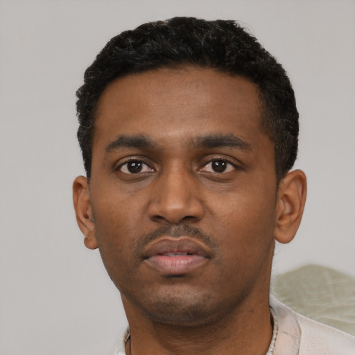 Neutral black young-adult male with short  black hair and brown eyes