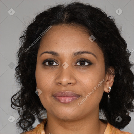 Joyful black young-adult female with medium  brown hair and brown eyes