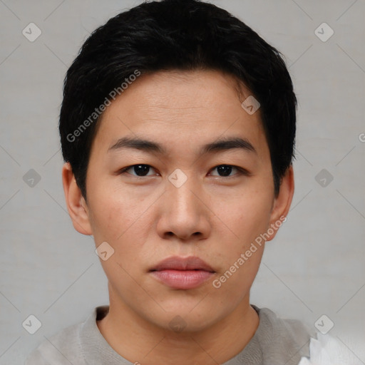 Neutral asian young-adult male with short  black hair and brown eyes