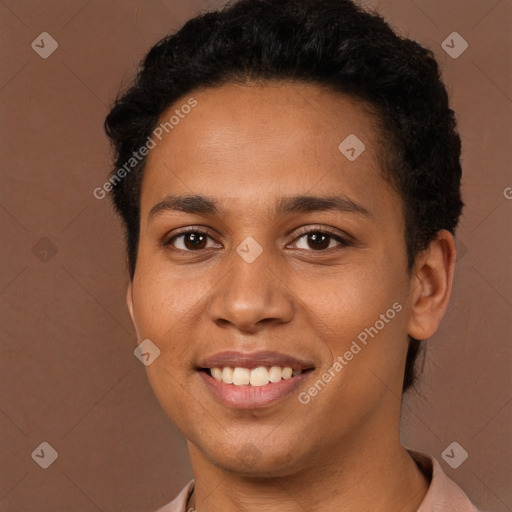 Joyful latino young-adult female with short  brown hair and brown eyes
