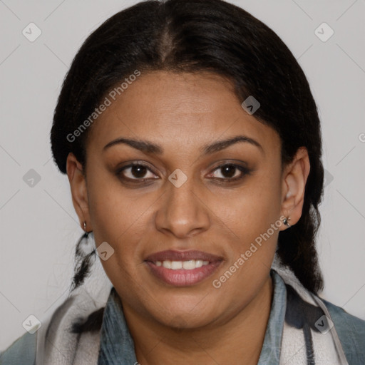 Joyful latino young-adult female with medium  brown hair and brown eyes