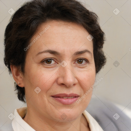 Joyful white adult female with short  brown hair and brown eyes