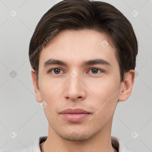 Neutral white young-adult male with short  brown hair and brown eyes