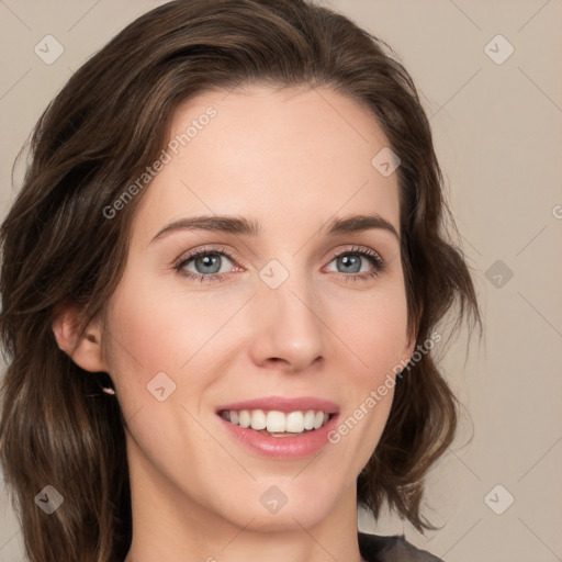 Joyful white young-adult female with medium  brown hair and green eyes