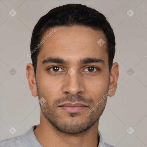 Neutral latino young-adult male with short  black hair and brown eyes