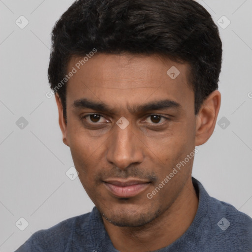 Neutral white young-adult male with short  black hair and brown eyes