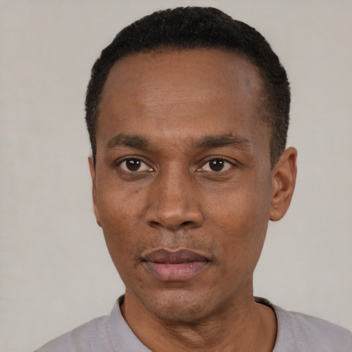 Neutral black adult male with short  black hair and brown eyes