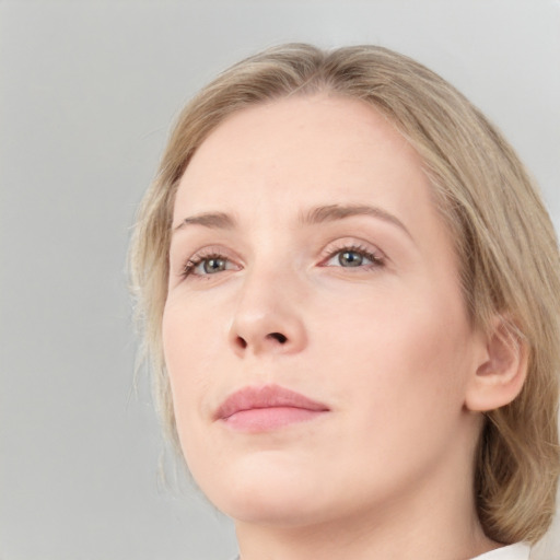 Neutral white young-adult female with medium  brown hair and blue eyes