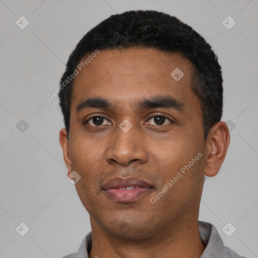 Neutral black young-adult male with short  black hair and brown eyes