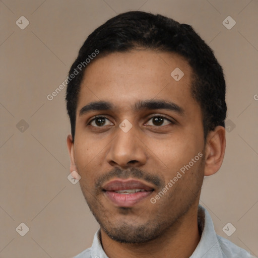 Neutral black young-adult male with short  black hair and brown eyes