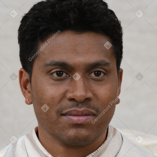 Neutral latino young-adult male with short  brown hair and brown eyes
