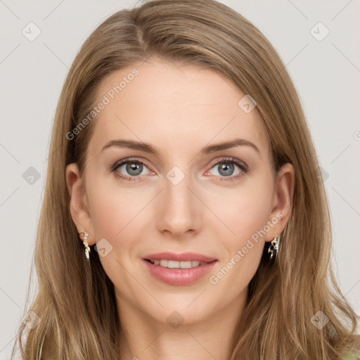 Joyful white young-adult female with long  brown hair and grey eyes