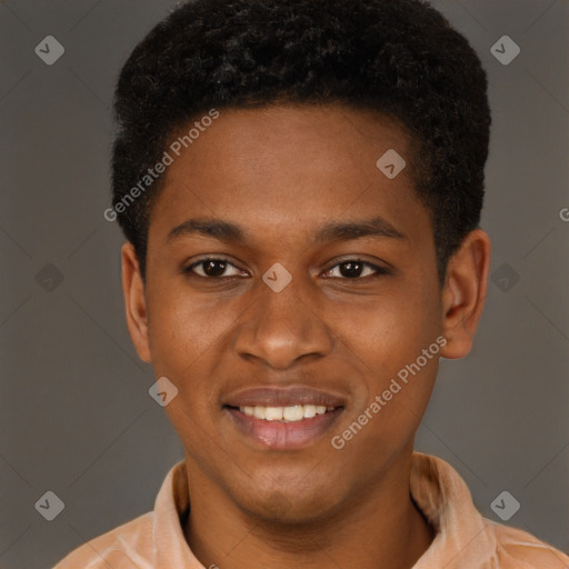 Joyful latino young-adult male with short  brown hair and brown eyes