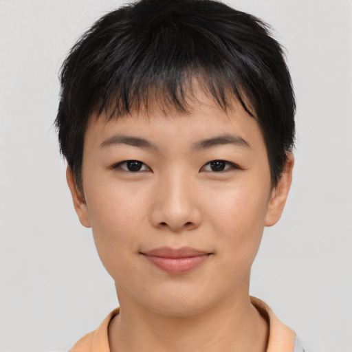 Neutral asian young-adult female with short  brown hair and brown eyes