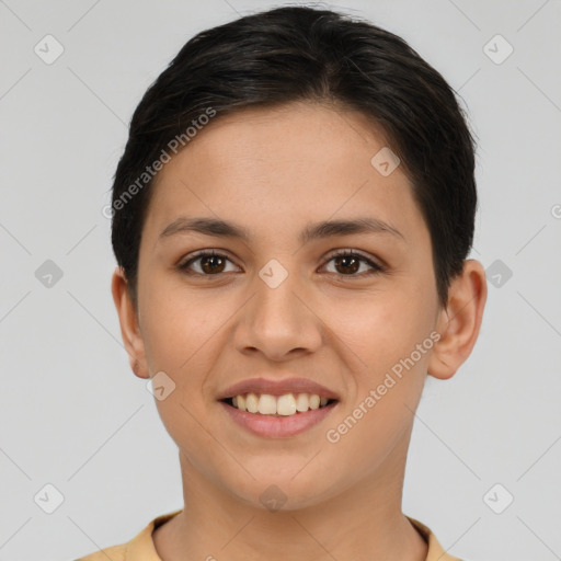 Joyful white young-adult female with short  brown hair and brown eyes