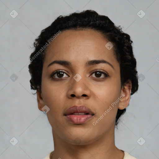 Neutral latino young-adult female with short  black hair and brown eyes