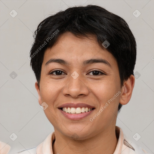 Joyful asian young-adult female with short  brown hair and brown eyes