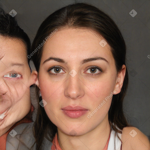 Neutral white young-adult female with medium  brown hair and brown eyes