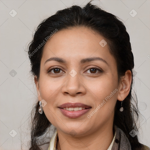 Joyful latino young-adult female with long  brown hair and brown eyes