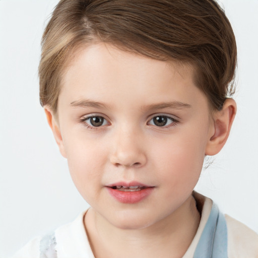 Joyful white child female with short  brown hair and brown eyes