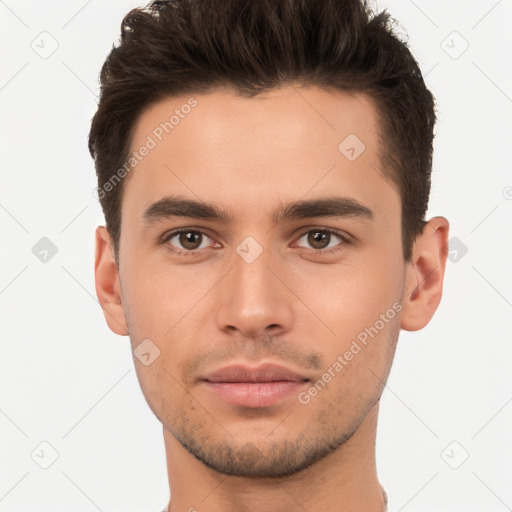 Neutral white young-adult male with short  brown hair and brown eyes