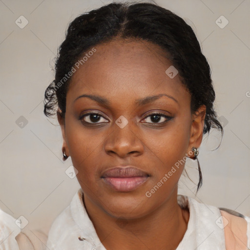 Neutral black young-adult female with medium  black hair and brown eyes