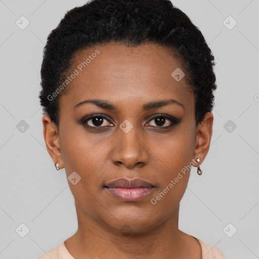 Neutral black young-adult female with short  black hair and brown eyes