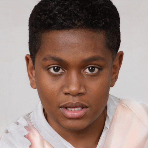Joyful black young-adult male with short  brown hair and brown eyes