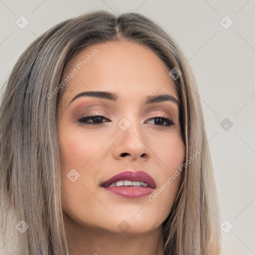 Joyful white young-adult female with long  brown hair and brown eyes