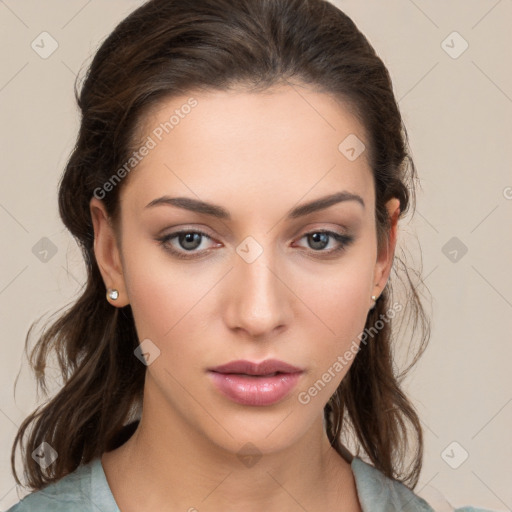 Neutral white young-adult female with medium  brown hair and brown eyes