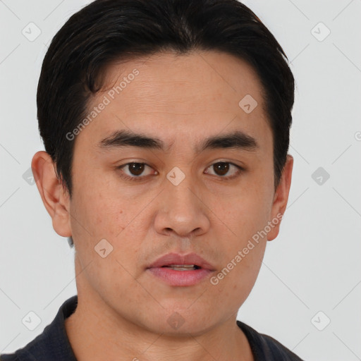 Neutral asian young-adult male with short  black hair and brown eyes