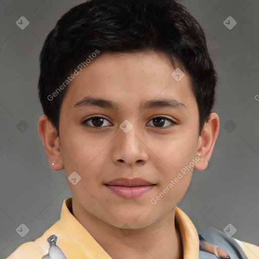 Joyful white child female with short  brown hair and brown eyes