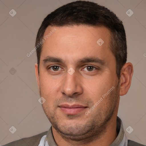 Neutral white young-adult male with short  brown hair and brown eyes