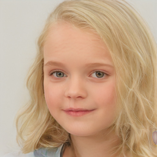 Joyful white child female with medium  blond hair and blue eyes