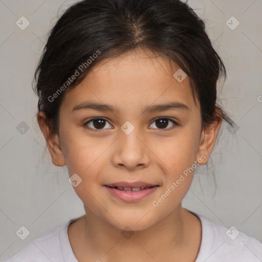 Joyful white child female with medium  brown hair and brown eyes