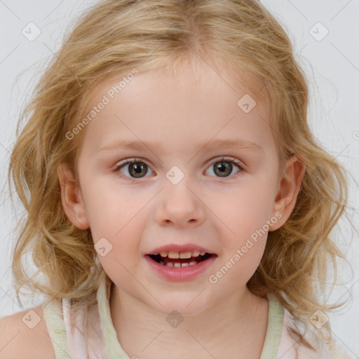 Joyful white child female with medium  brown hair and blue eyes