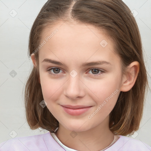 Joyful white child female with medium  brown hair and brown eyes