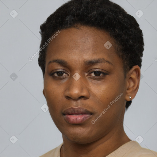 Neutral black young-adult female with short  black hair and brown eyes