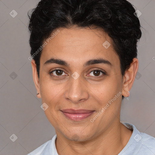 Joyful white young-adult female with short  brown hair and brown eyes