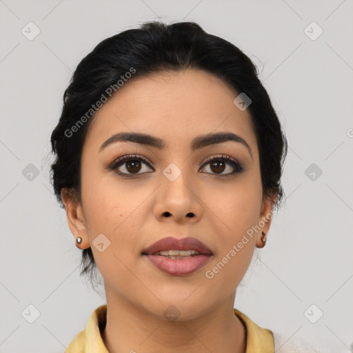 Joyful asian young-adult female with medium  black hair and brown eyes