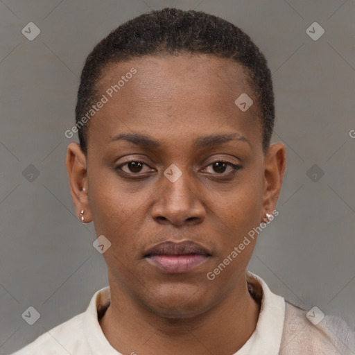 Neutral black young-adult female with short  brown hair and brown eyes