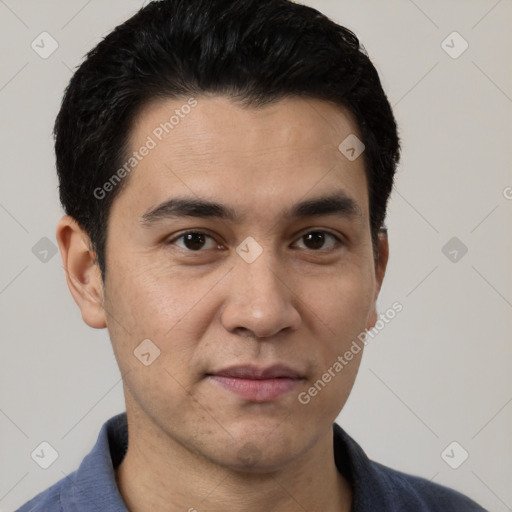 Joyful white young-adult male with short  black hair and brown eyes