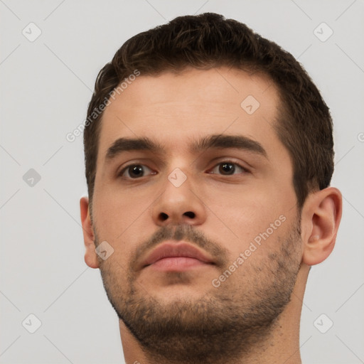 Neutral white young-adult male with short  brown hair and brown eyes