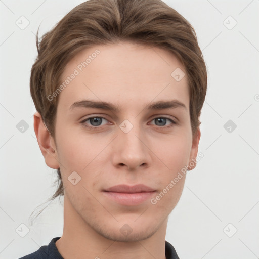 Neutral white young-adult male with short  brown hair and grey eyes