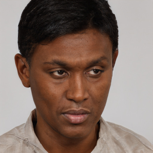 Neutral black young-adult male with short  brown hair and brown eyes