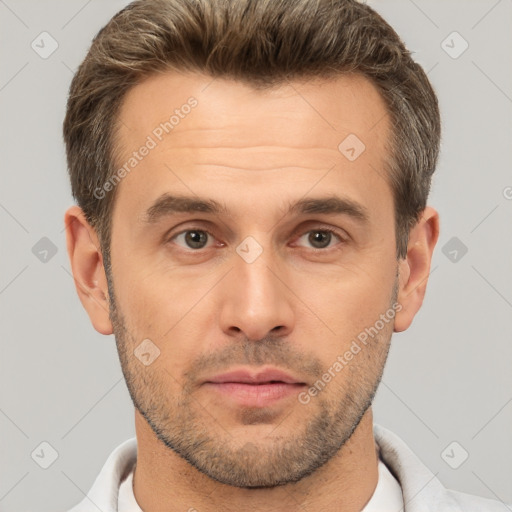 Neutral white adult male with short  brown hair and brown eyes