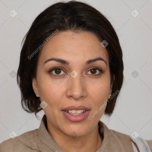 Joyful white young-adult female with medium  brown hair and brown eyes